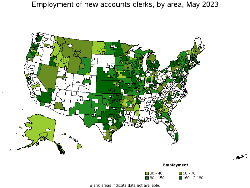 Map of employment of new accounts clerks by area, May 2023