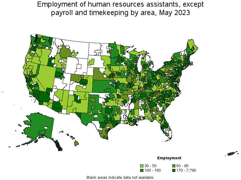Map of employment of human resources assistants, except payroll and timekeeping by area, May 2023