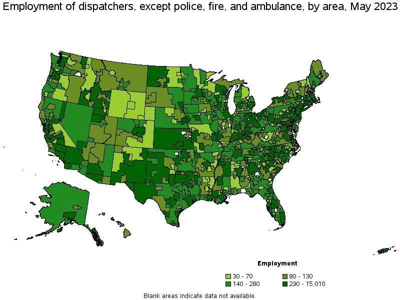 Map of employment of dispatchers, except police, fire, and ambulance by area, May 2023