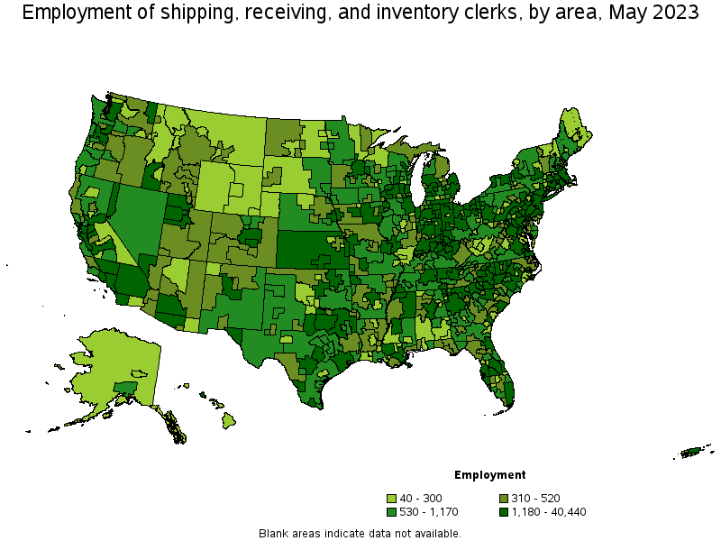 Map of employment of shipping, receiving, and inventory clerks by area, May 2023