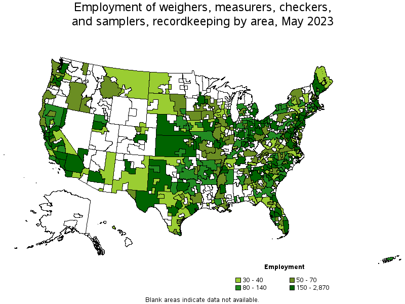 Map of employment of weighers, measurers, checkers, and samplers, recordkeeping by area, May 2023