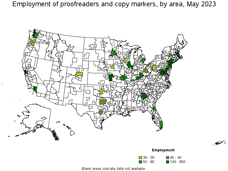 Map of employment of proofreaders and copy markers by area, May 2023