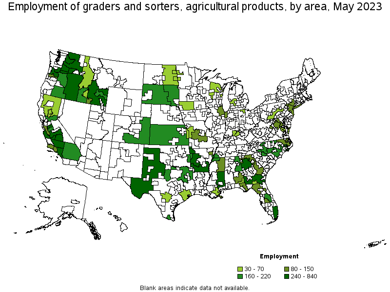 Map of employment of graders and sorters, agricultural products by area, May 2023