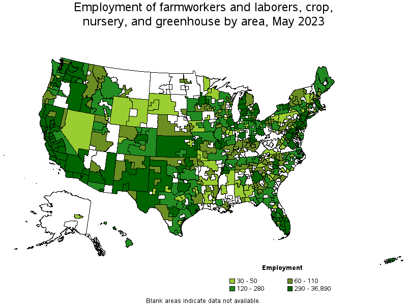 Map of employment of farmworkers and laborers, crop, nursery, and greenhouse by area, May 2023
