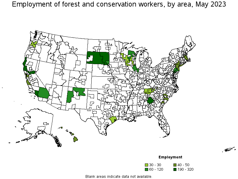 Map of employment of forest and conservation workers by area, May 2023
