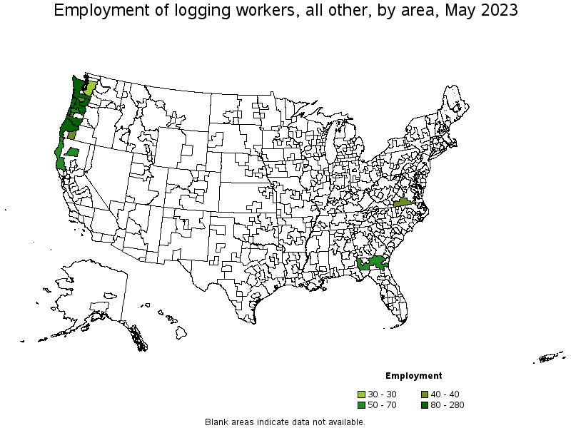 Map of employment of logging workers, all other by area, May 2023