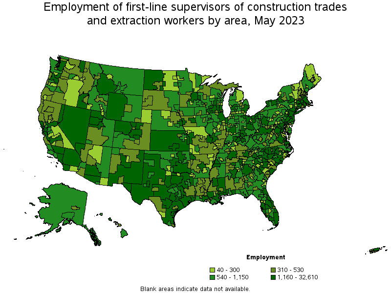 Map of employment of first-line supervisors of construction trades and extraction workers by area, May 2023