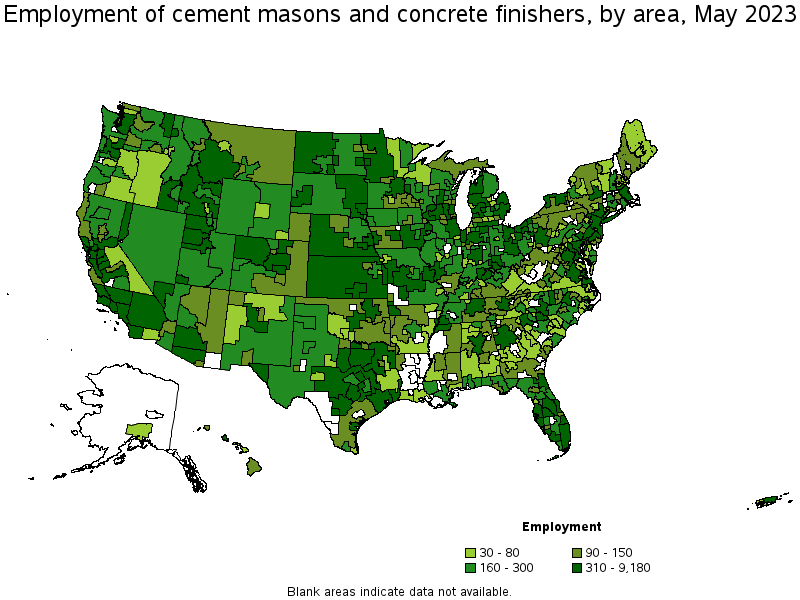 Map of employment of cement masons and concrete finishers by area, May 2023