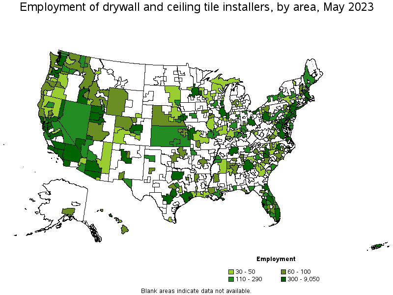 Map of employment of drywall and ceiling tile installers by area, May 2023