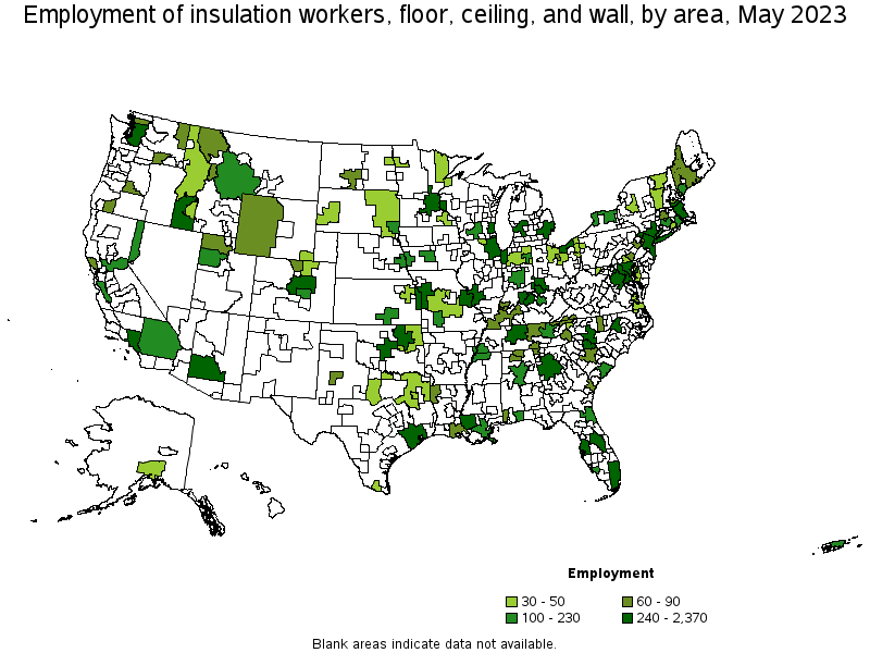 Map of employment of insulation workers, floor, ceiling, and wall by area, May 2023