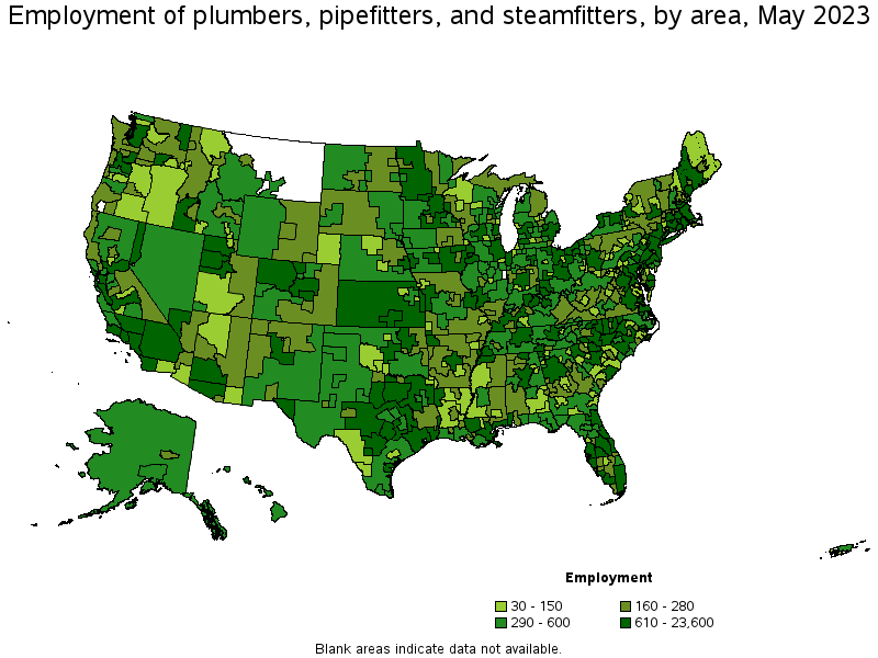 Map of employment of plumbers, pipefitters, and steamfitters by area, May 2023