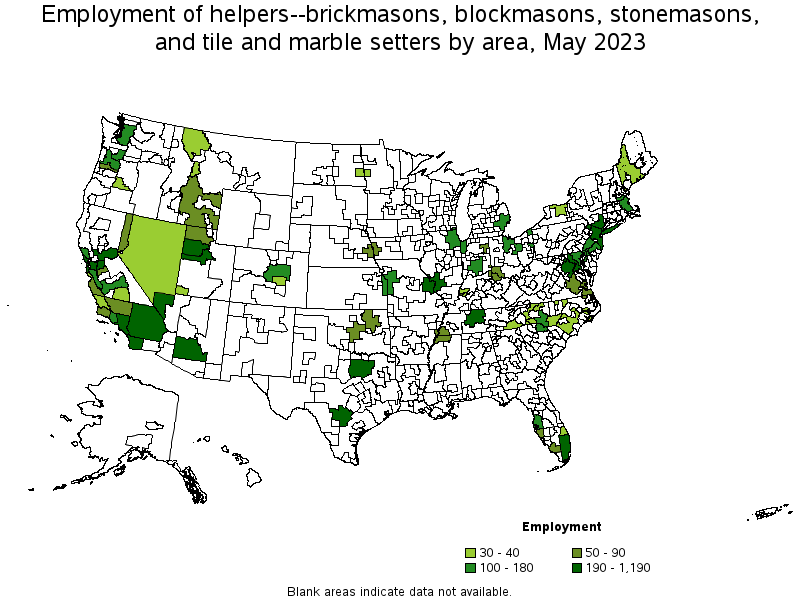 Map of employment of helpers--brickmasons, blockmasons, stonemasons, and tile and marble setters by area, May 2023