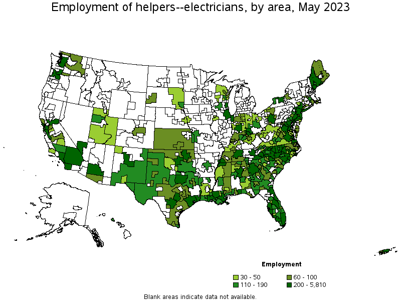 Map of employment of helpers--electricians by area, May 2023