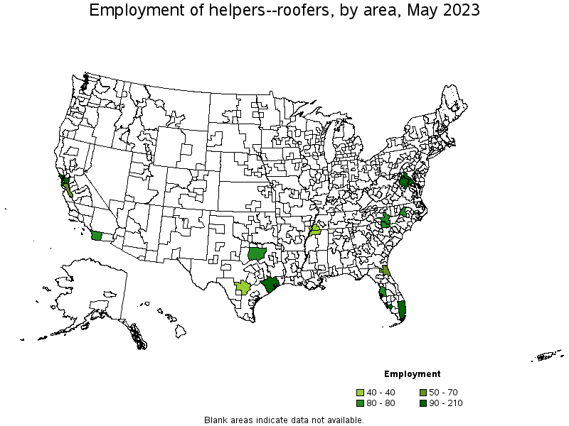 Map of employment of helpers--roofers by area, May 2023