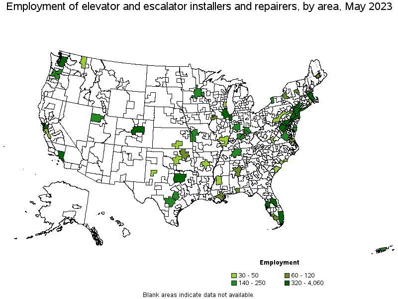Map of employment of elevator and escalator installers and repairers by area, May 2023
