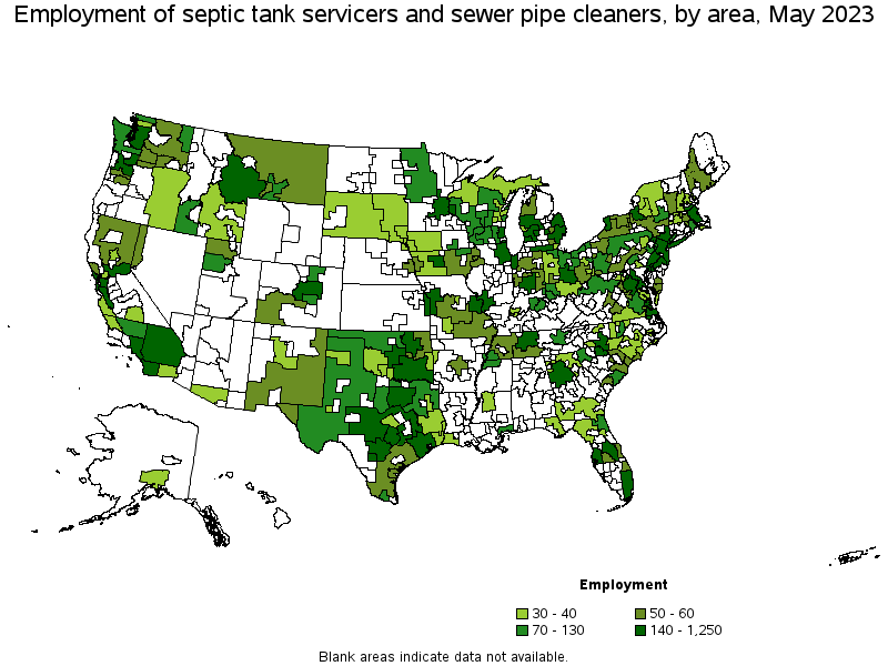 Map of employment of septic tank servicers and sewer pipe cleaners by area, May 2023