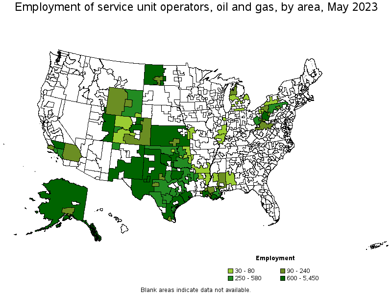 Map of employment of service unit operators, oil and gas by area, May 2023