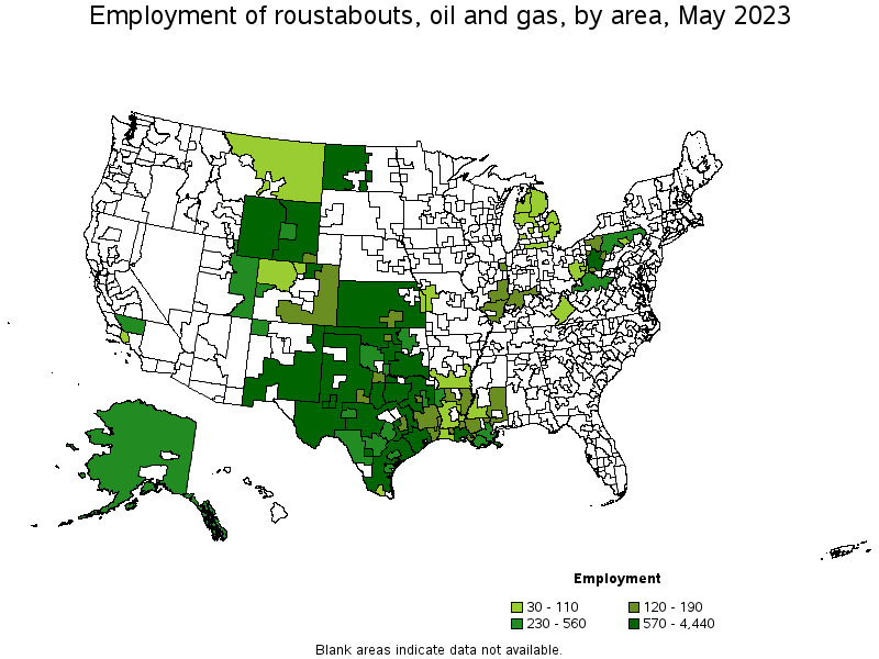 Map of employment of roustabouts, oil and gas by area, May 2023