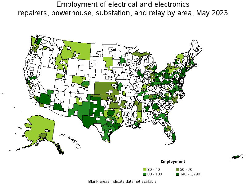 Map of employment of electrical and electronics repairers, powerhouse, substation, and relay by area, May 2023