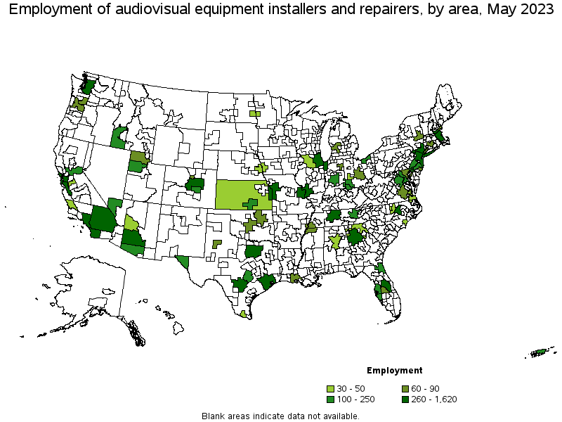 Map of employment of audiovisual equipment installers and repairers by area, May 2023