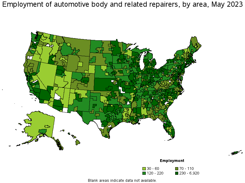 Map of employment of automotive body and related repairers by area, May 2023