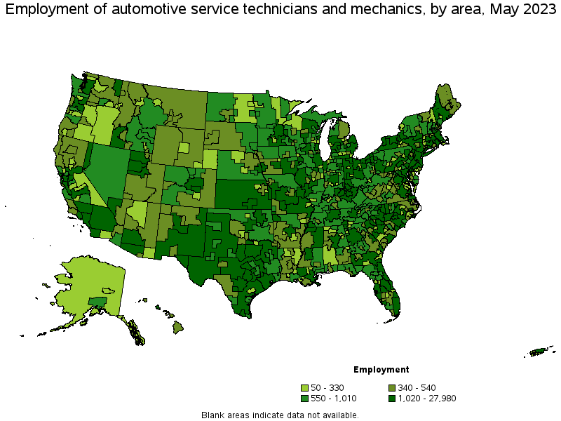 Map of employment of automotive service technicians and mechanics by area, May 2023