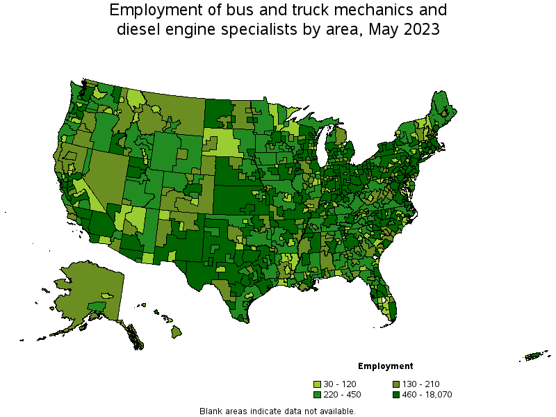 Map of employment of bus and truck mechanics and diesel engine specialists by area, May 2023