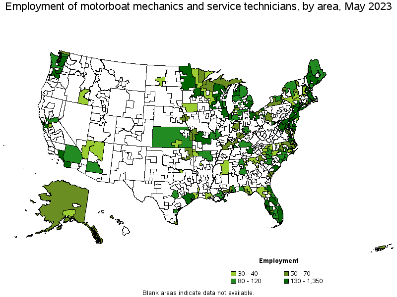 Map of employment of motorboat mechanics and service technicians by area, May 2023