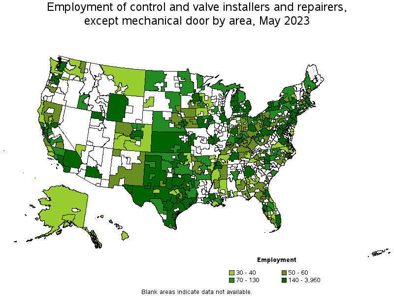 Map of employment of control and valve installers and repairers, except mechanical door by area, May 2023