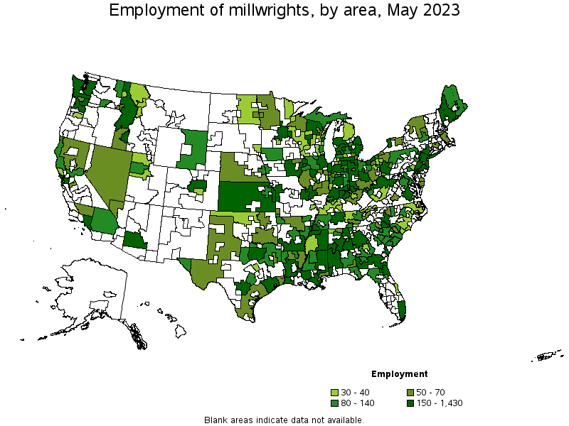 Map of employment of millwrights by area, May 2023