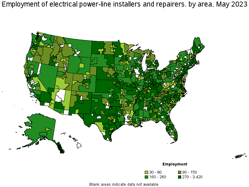 Map of employment of electrical power-line installers and repairers by area, May 2023
