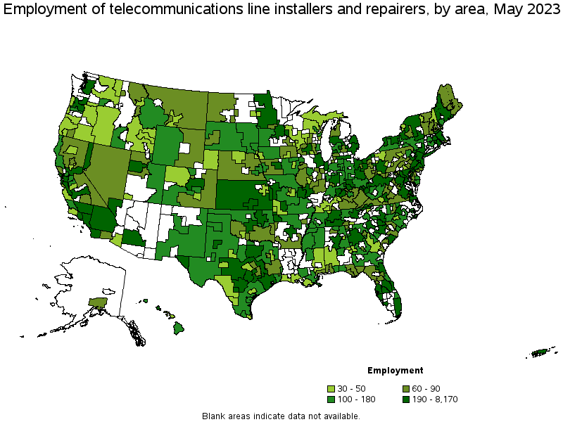 Map of employment of telecommunications line installers and repairers by area, May 2023