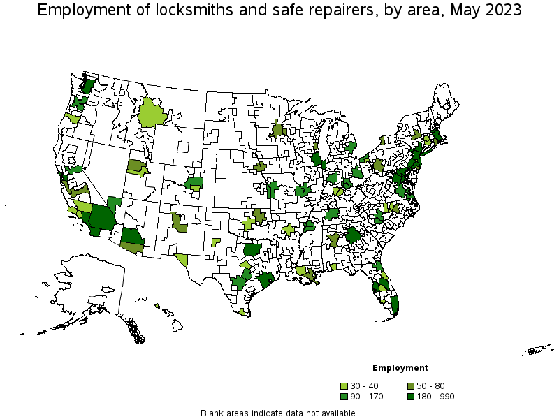 Map of employment of locksmiths and safe repairers by area, May 2023