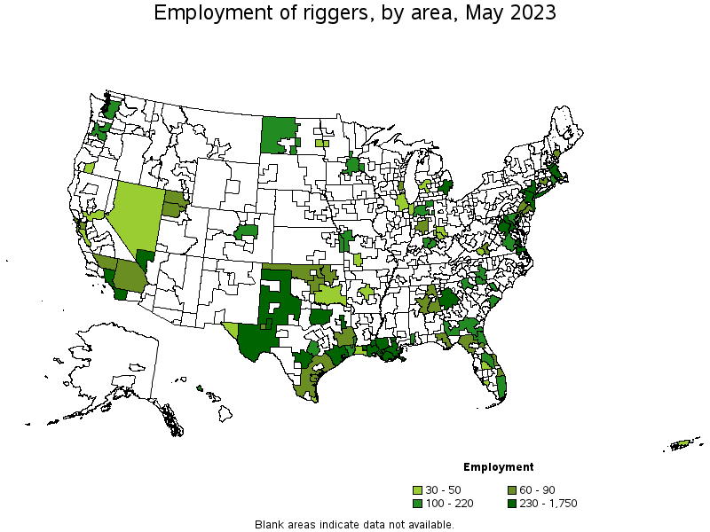 Map of employment of riggers by area, May 2023