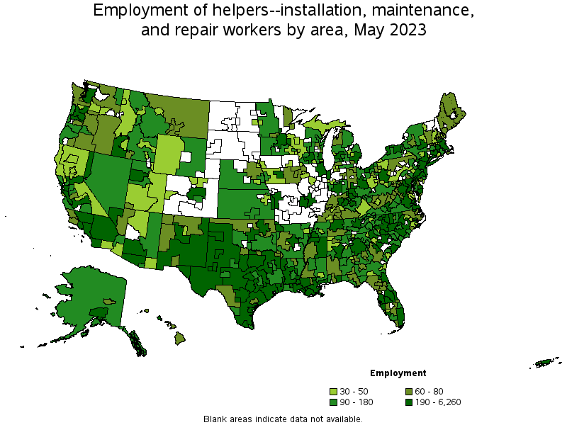 Map of employment of helpers--installation, maintenance, and repair workers by area, May 2023