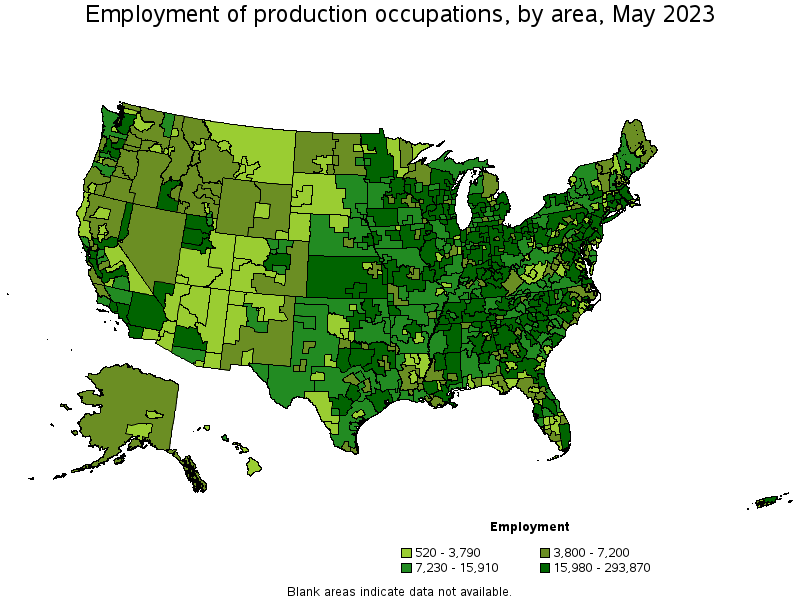 Map of employment of production occupations by area, May 2023
