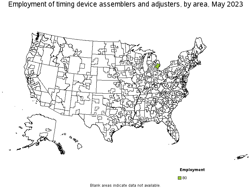 Map of employment of timing device assemblers and adjusters by area, May 2023