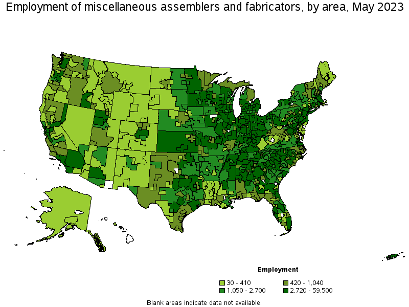 Map of employment of miscellaneous assemblers and fabricators by area, May 2023