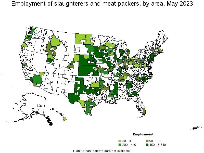 Map of employment of slaughterers and meat packers by area, May 2023