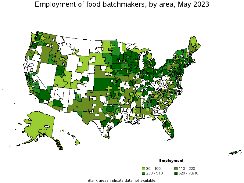 Map of employment of food batchmakers by area, May 2023