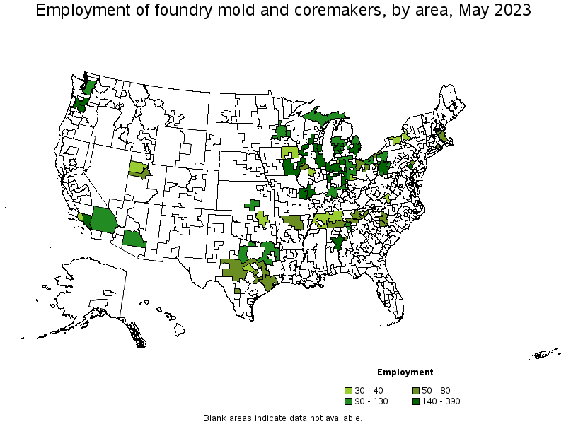 Map of employment of foundry mold and coremakers by area, May 2023