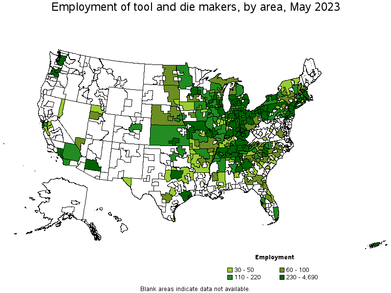 Map of employment of tool and die makers by area, May 2023