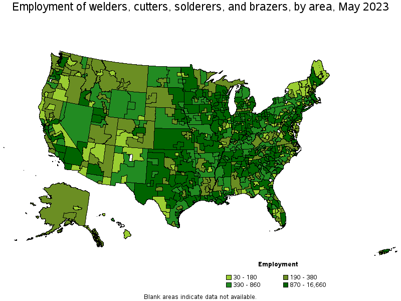 Map of employment of welders, cutters, solderers, and brazers by area, May 2023