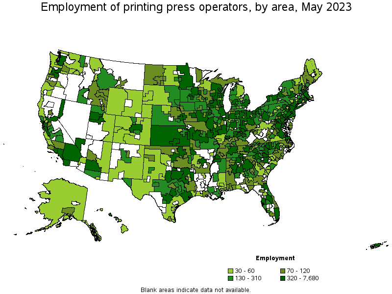 Map of employment of printing press operators by area, May 2023