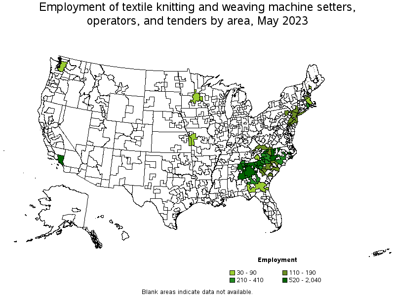 Map of employment of textile knitting and weaving machine setters, operators, and tenders by area, May 2023