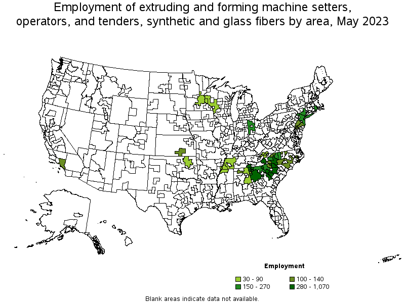 Map of employment of extruding and forming machine setters, operators, and tenders, synthetic and glass fibers by area, May 2023