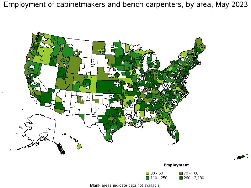 Map of employment of cabinetmakers and bench carpenters by area, May 2023