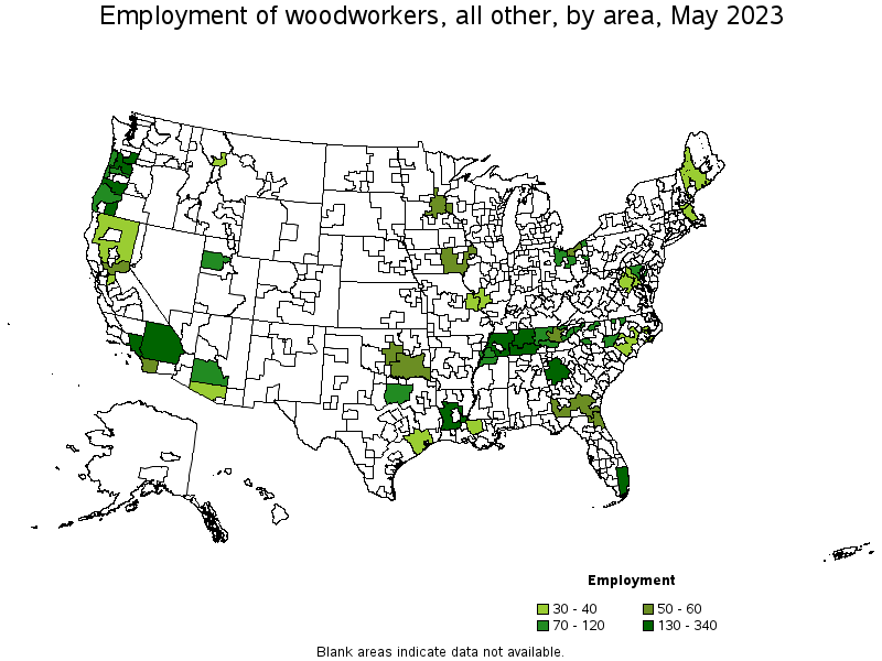 Map of employment of woodworkers, all other by area, May 2023