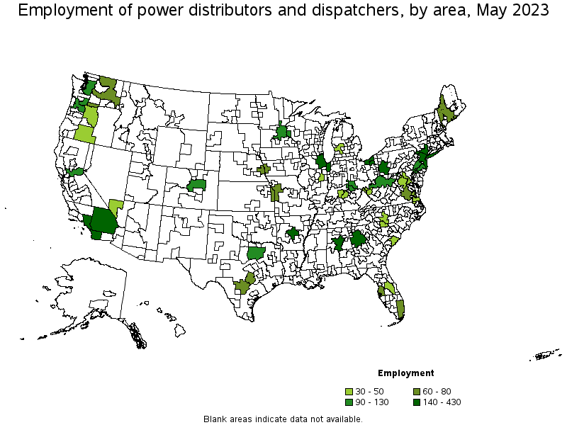 Map of employment of power distributors and dispatchers by area, May 2023