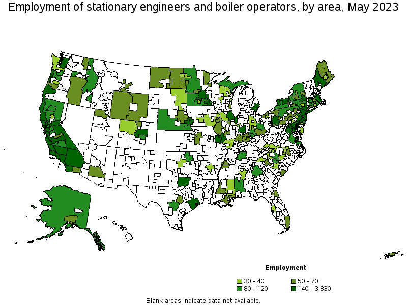Map of employment of stationary engineers and boiler operators by area, May 2023